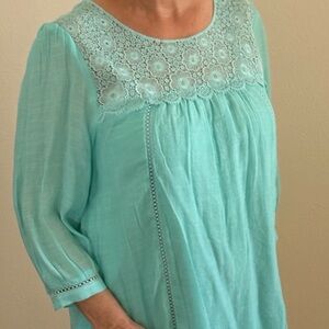 Aqua Lace Yoke 3/4 Sleeve Tunic